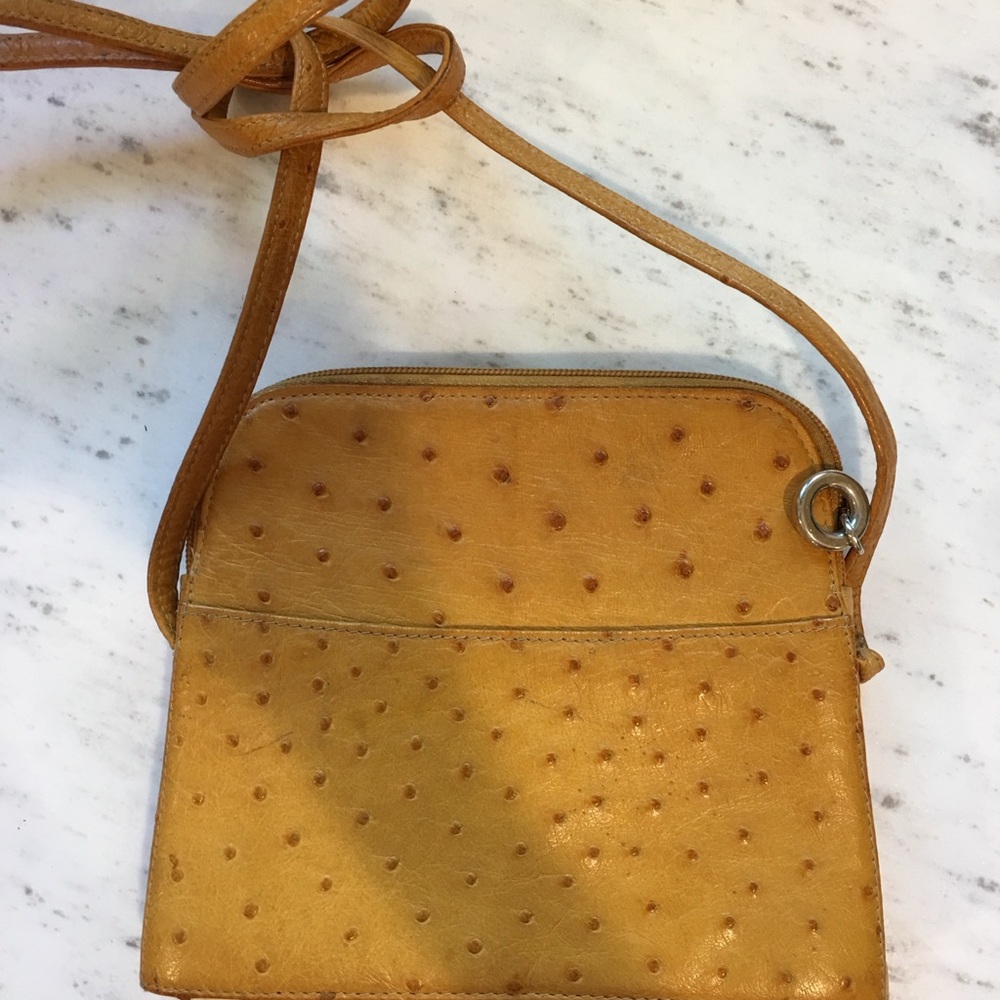 Real Ostrich Mustard Color Handbag Crossover Shoulder